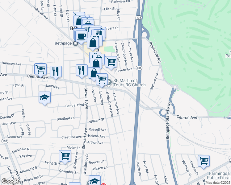 map of restaurants, bars, coffee shops, grocery stores, and more near 185 North Herman Avenue in Bethpage