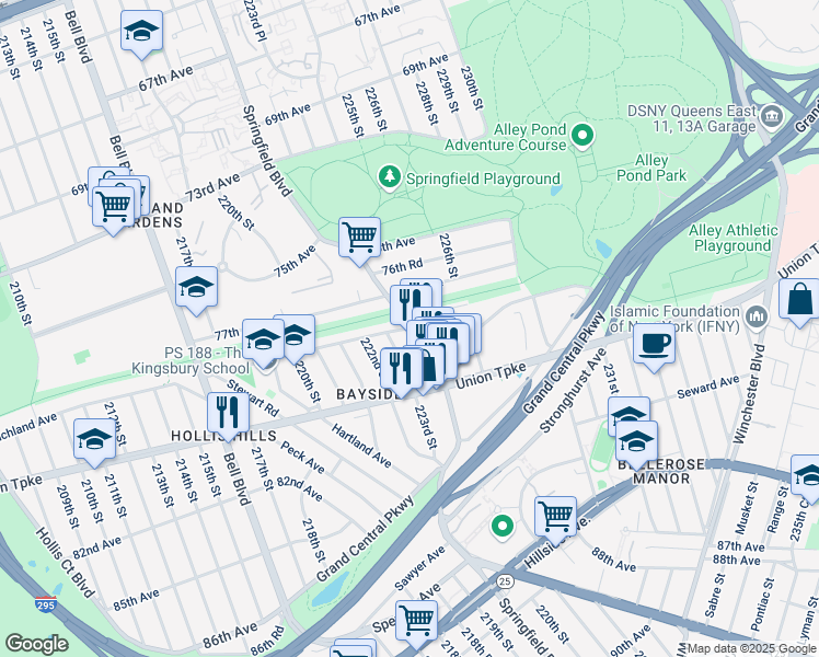 map of restaurants, bars, coffee shops, grocery stores, and more near 7805 Springfield Boulevard in Queens