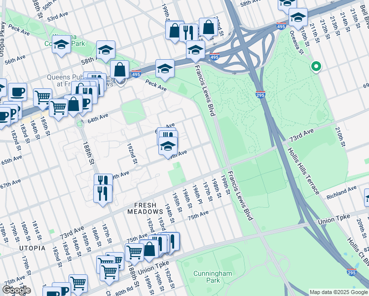 map of restaurants, bars, coffee shops, grocery stores, and more near 69-10 197th Street in Queens