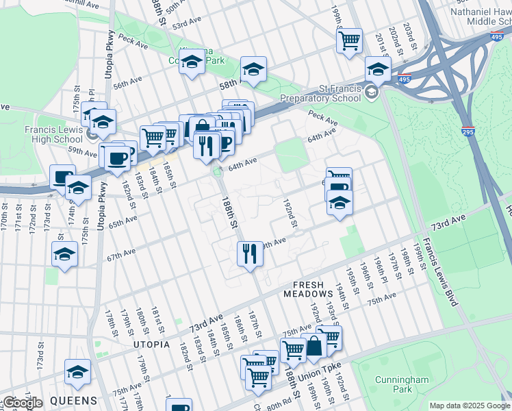 map of restaurants, bars, coffee shops, grocery stores, and more near 67-00 192nd Street in Queens