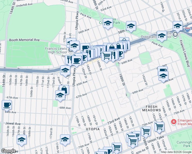 map of restaurants, bars, coffee shops, grocery stores, and more near 65-09 183rd Street in Queens