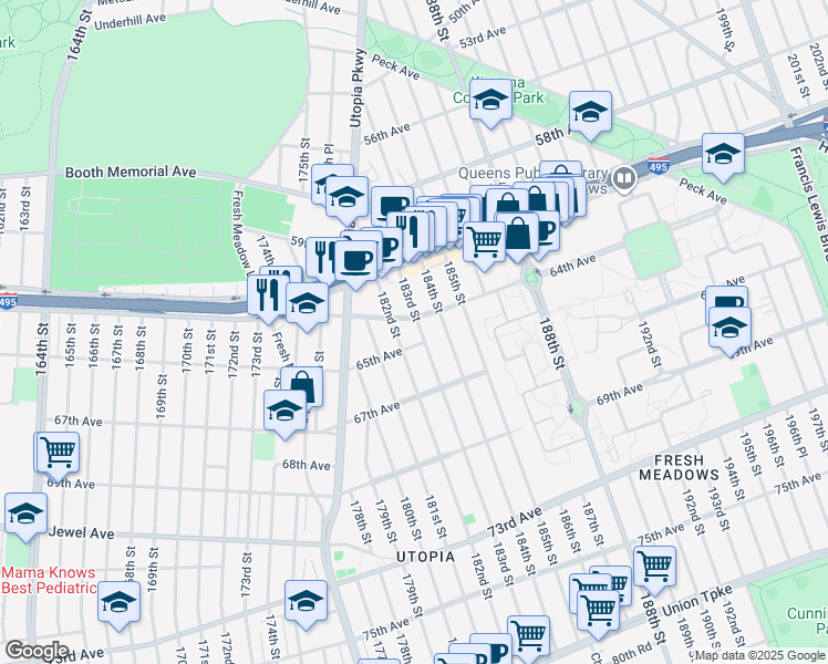 map of restaurants, bars, coffee shops, grocery stores, and more near 64-30 182nd Street in Queens