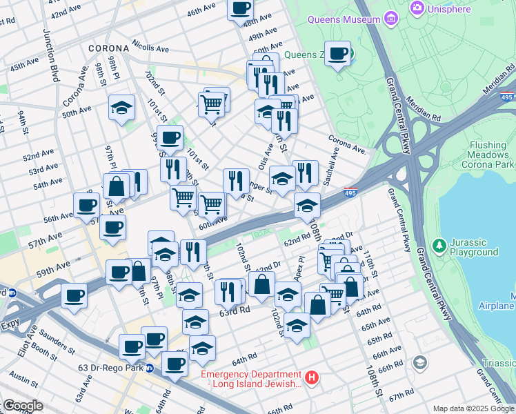 map of restaurants, bars, coffee shops, grocery stores, and more near 102-23 Horace Harding Expressway in Queens
