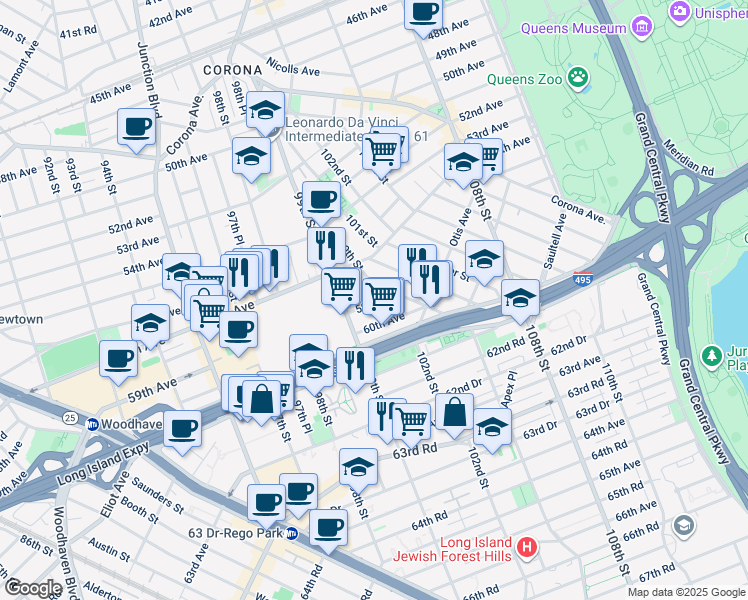 map of restaurants, bars, coffee shops, grocery stores, and more near 99-11 60th Avenue in Queens