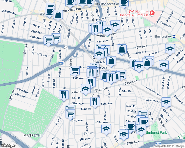 map of restaurants, bars, coffee shops, grocery stores, and more near in Queens