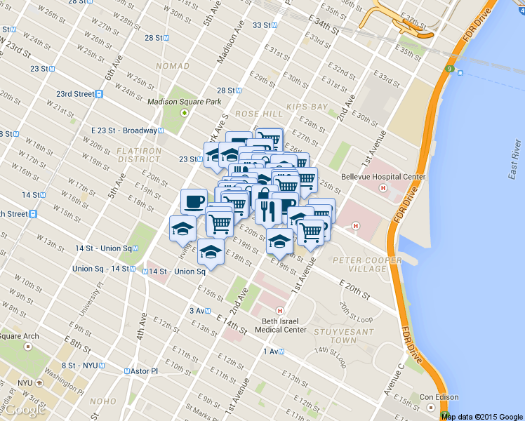 map of restaurants, bars, coffee shops, grocery stores, and more near 224 East 21st Street in New York