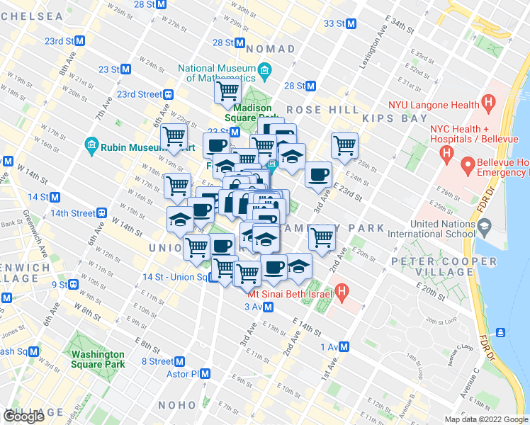 map of restaurants, bars, coffee shops, grocery stores, and more near 117 East 18th Street in New York