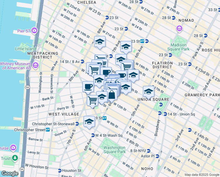 map of restaurants, bars, coffee shops, grocery stores, and more near in New York
