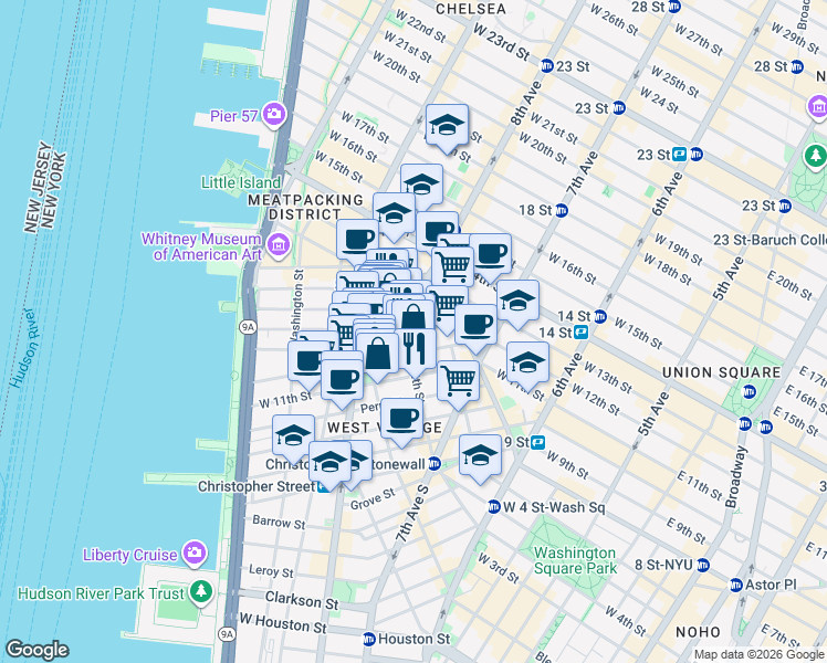 map of restaurants, bars, coffee shops, grocery stores, and more near in New York