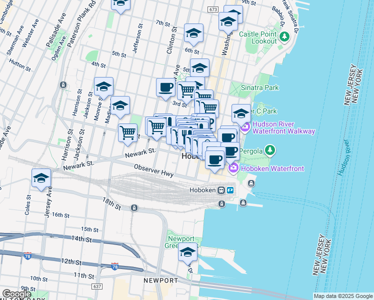 map of restaurants, bars, coffee shops, grocery stores, and more near 163 Newark Street in Hoboken