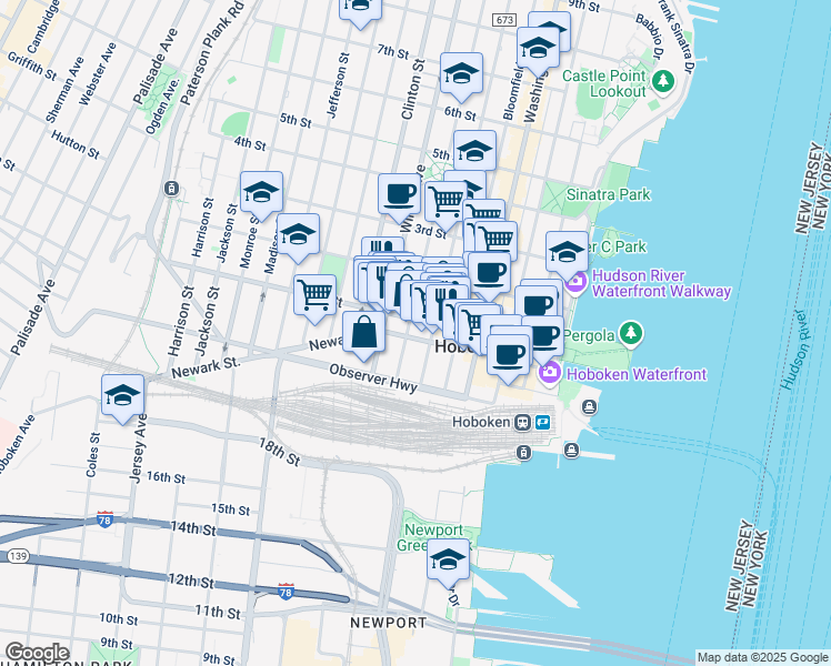 map of restaurants, bars, coffee shops, grocery stores, and more near 72 Park Avenue in Hoboken