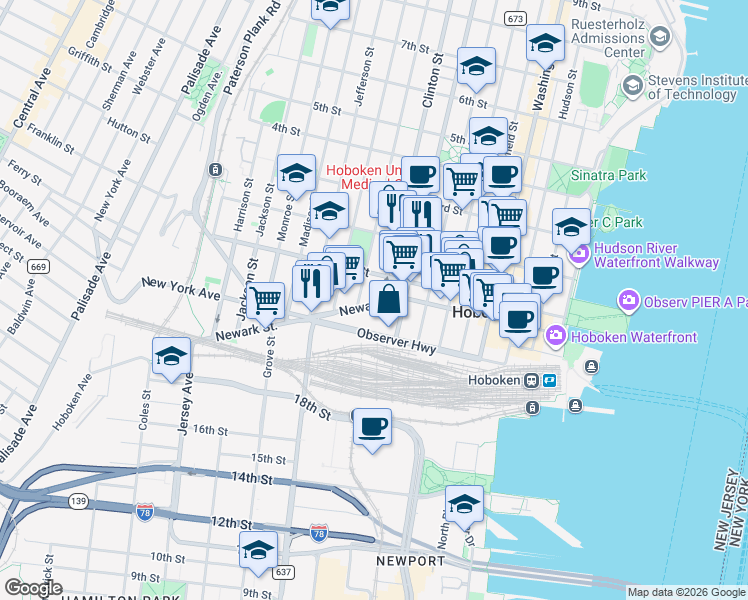 map of restaurants, bars, coffee shops, grocery stores, and more near in Hoboken