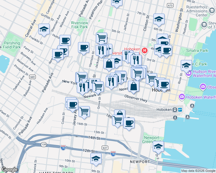 map of restaurants, bars, coffee shops, grocery stores, and more near 462 Newark Street in Hoboken