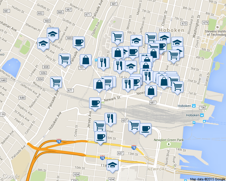 map of restaurants, bars, coffee shops, grocery stores, and more near 551 Observer Highway in Hoboken