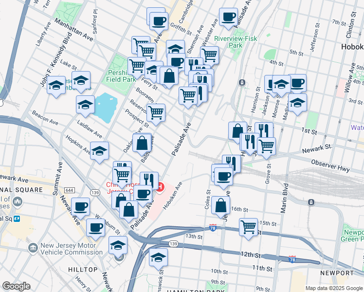 map of restaurants, bars, coffee shops, grocery stores, and more near 41 New York Avenue in Jersey City