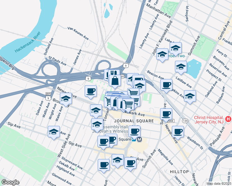 map of restaurants, bars, coffee shops, grocery stores, and more near 17 Berkeley Place in Jersey City