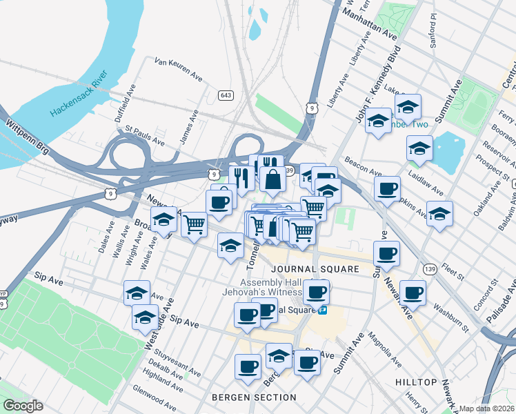 map of restaurants, bars, coffee shops, grocery stores, and more near in Jersey City