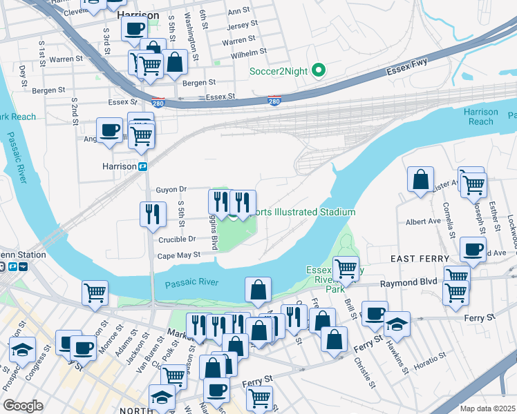 map of restaurants, bars, coffee shops, grocery stores, and more near 600 Cape May Street in Harrison