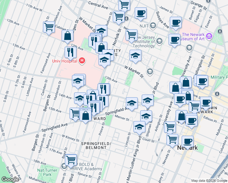map of restaurants, bars, coffee shops, grocery stores, and more near 91-97 South Orange Avenue in Newark