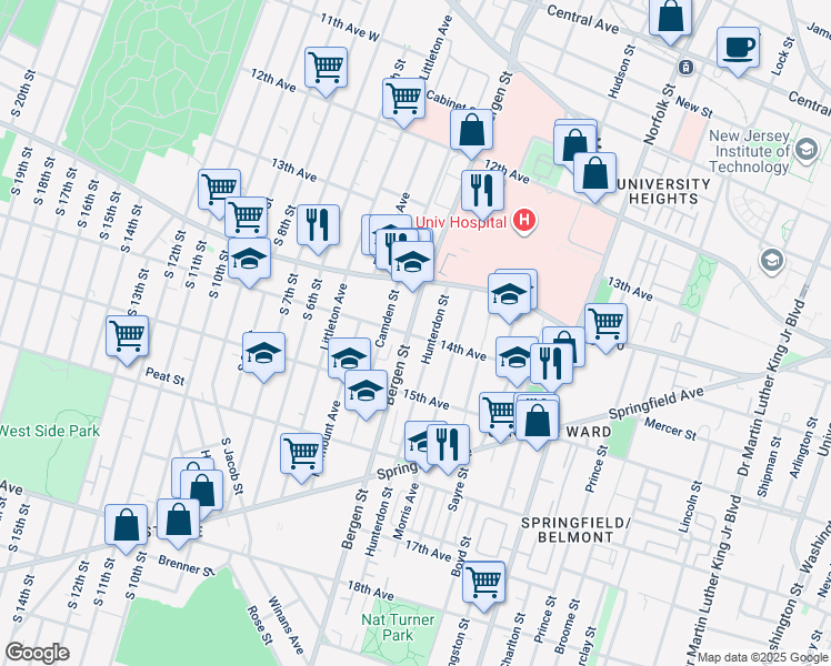 map of restaurants, bars, coffee shops, grocery stores, and more near 225 Hunterdon Street in Newark