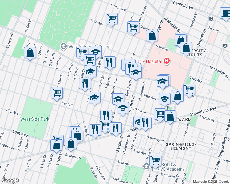map of restaurants, bars, coffee shops, grocery stores, and more near 296 Fairmount Avenue in Newark