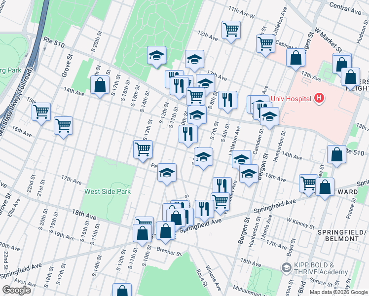 map of restaurants, bars, coffee shops, grocery stores, and more near 467 15th Avenue in Newark