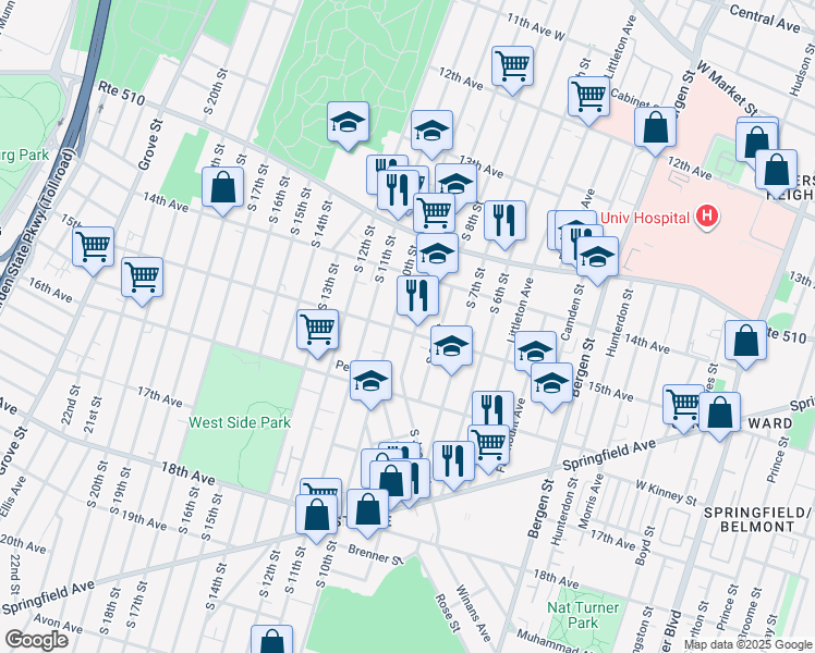 map of restaurants, bars, coffee shops, grocery stores, and more near 467 15th Avenue in Newark