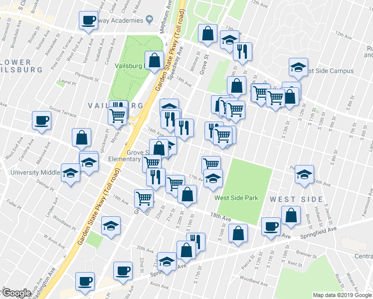 map of restaurants, bars, coffee shops, grocery stores, and more near 194 21st Street in Irvington