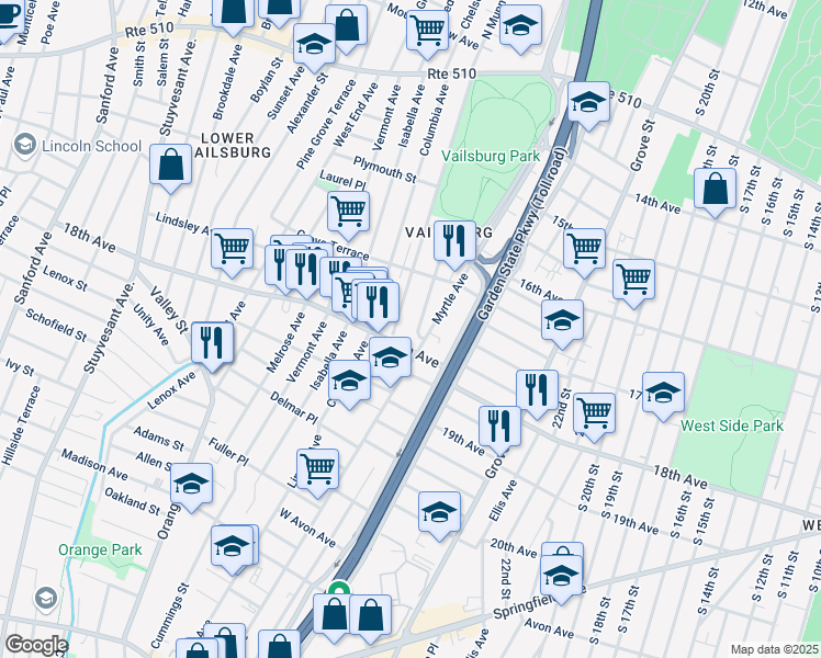 map of restaurants, bars, coffee shops, grocery stores, and more near 337 Myrtle Avenue in Irvington