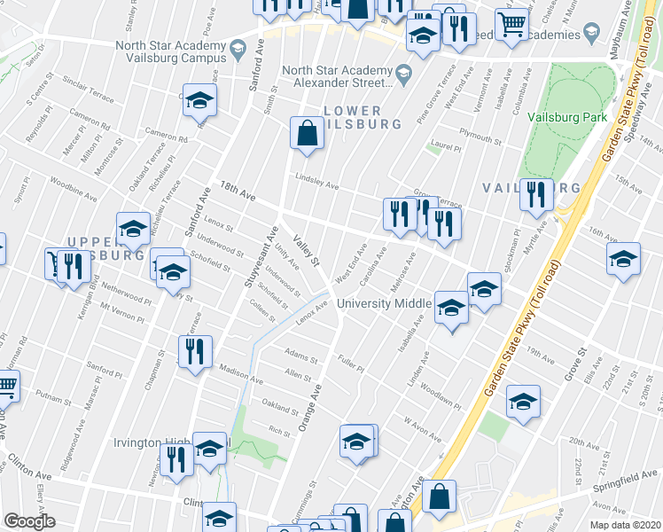 map of restaurants, bars, coffee shops, grocery stores, and more near 16 Valley Street in Newark