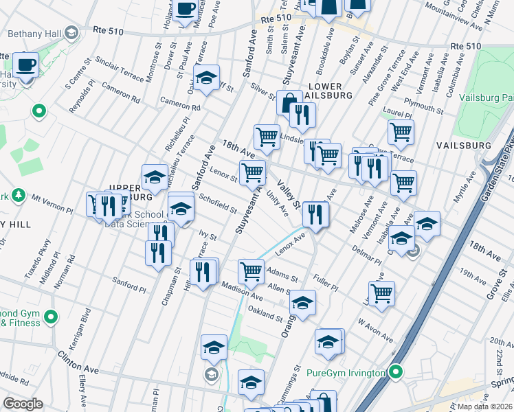 map of restaurants, bars, coffee shops, grocery stores, and more near 274 Stuyvesant Avenue in Newark