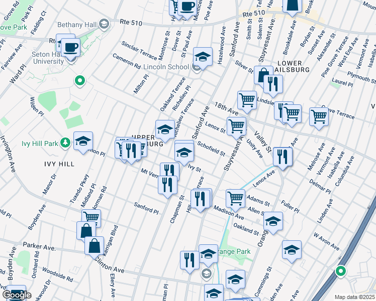map of restaurants, bars, coffee shops, grocery stores, and more near 719 Sanford Avenue in Newark