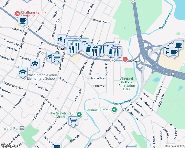 map of restaurants, bars, coffee shops, grocery stores, and more near 67 Summit Avenue in Chatham