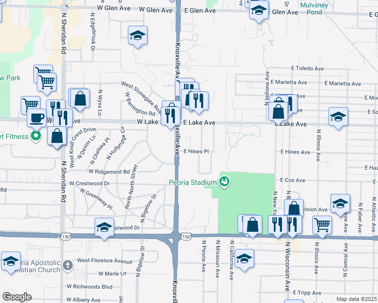 map of restaurants, bars, coffee shops, grocery stores, and more near 112 East Hines Place in Peoria