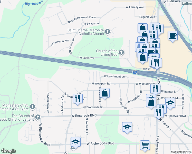 map of restaurants, bars, coffee shops, grocery stores, and more near 3033 West Westport Road in Peoria