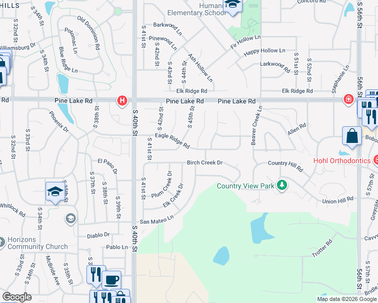 map of restaurants, bars, coffee shops, grocery stores, and more near 4421 Birch Creek Drive in Lincoln