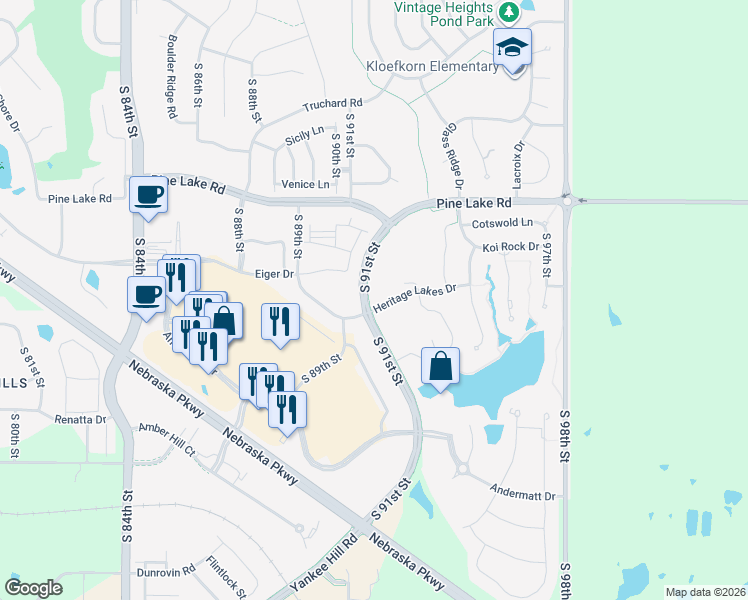 map of restaurants, bars, coffee shops, grocery stores, and more near 9100 Heritage Lakes Drive in Lincoln