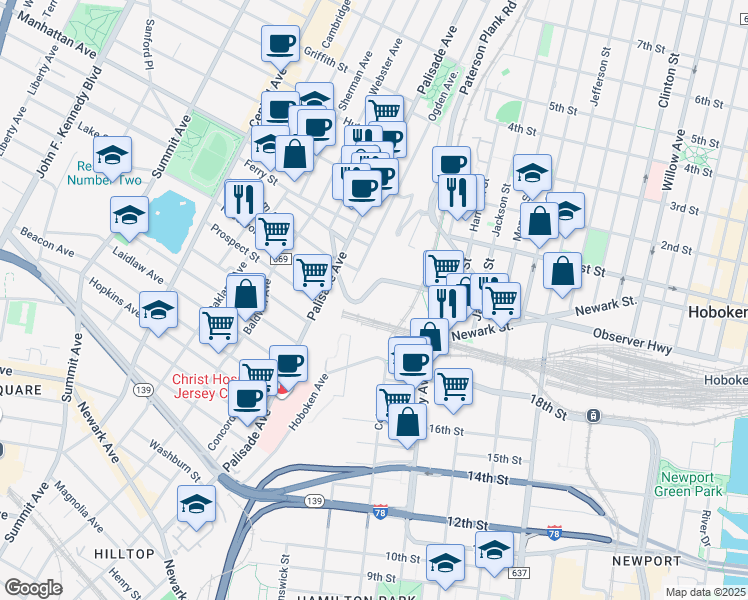 map of restaurants, bars, coffee shops, grocery stores, and more near 39 New York Avenue in Jersey City