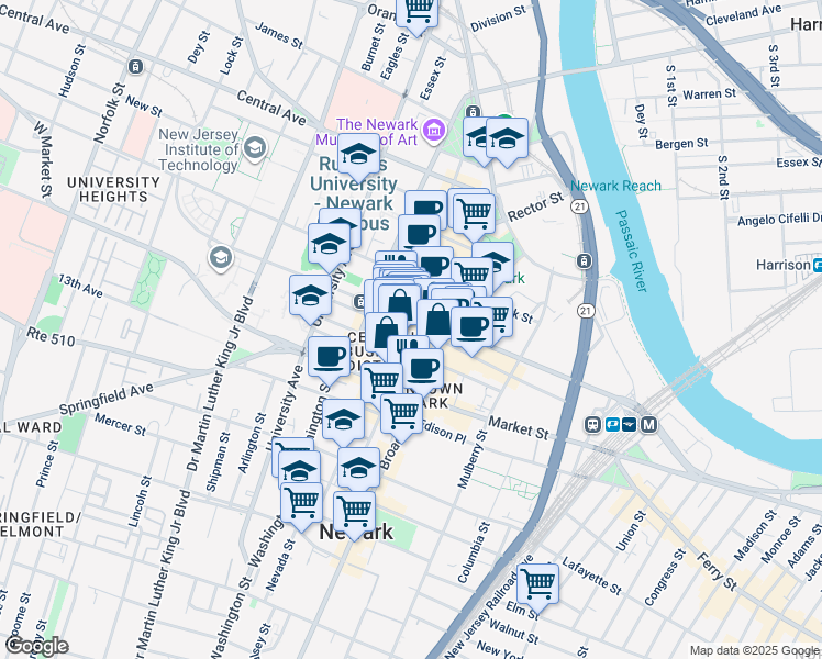map of restaurants, bars, coffee shops, grocery stores, and more near 150 Halsey Street in Newark