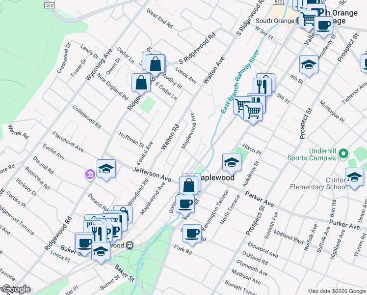map of restaurants, bars, coffee shops, grocery stores, and more near 45 Maplewood Avenue in Maplewood