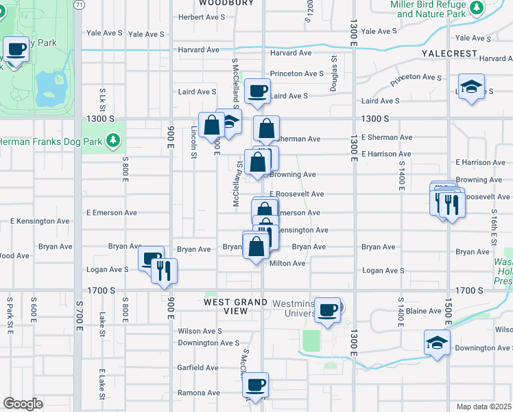 map of restaurants, bars, coffee shops, grocery stores, and more near 1480 South 1100 East in Salt Lake City