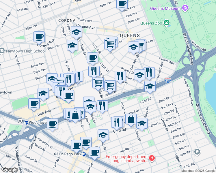map of restaurants, bars, coffee shops, grocery stores, and more near 99-11 60th Avenue in Queens
