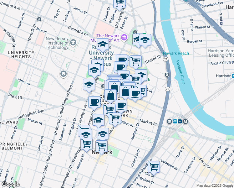 map of restaurants, bars, coffee shops, grocery stores, and more near 17 Academy Street in Newark