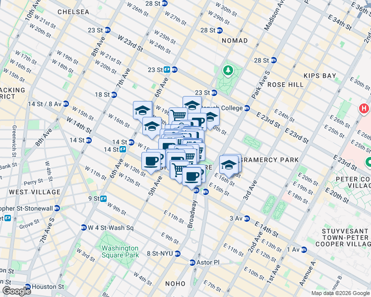 map of restaurants, bars, coffee shops, grocery stores, and more near 6 East 17th Street in New York