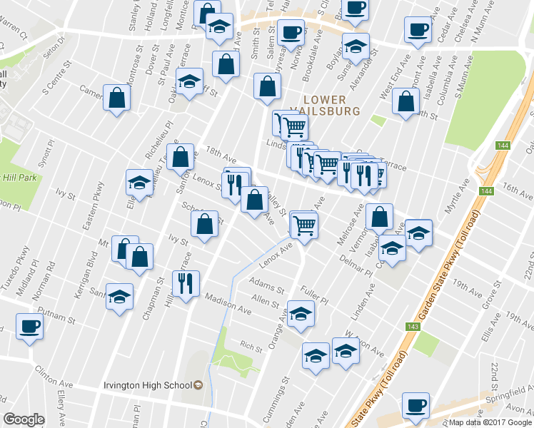 map of restaurants, bars, coffee shops, grocery stores, and more near 39 Unity Avenue in Newark