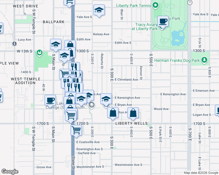 map of restaurants, bars, coffee shops, grocery stores, and more near 257 Kensington Avenue in Salt Lake City