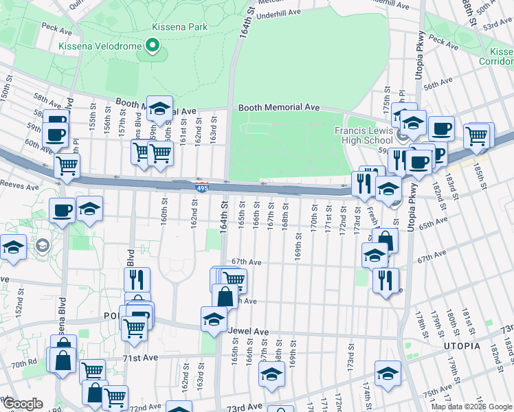 map of restaurants, bars, coffee shops, grocery stores, and more near 165-23 65th Avenue in Queens