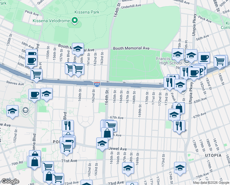 map of restaurants, bars, coffee shops, grocery stores, and more near 165-23 65th Avenue in Queens