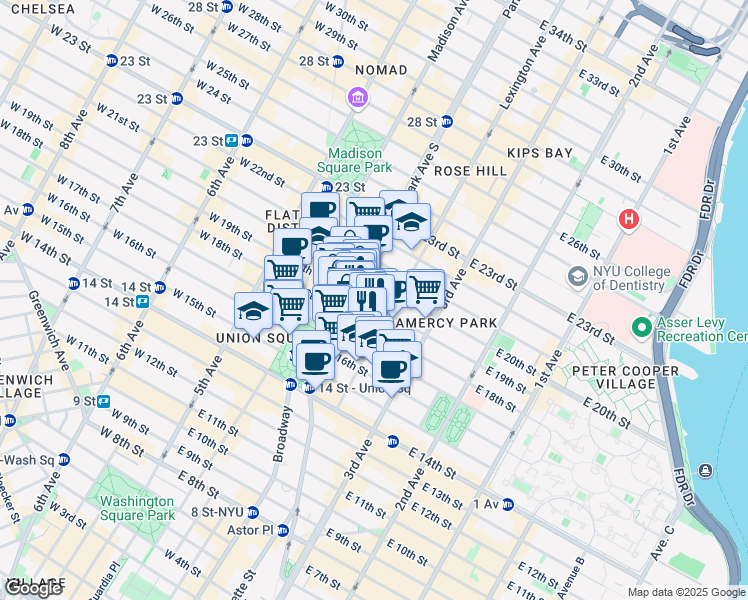 map of restaurants, bars, coffee shops, grocery stores, and more near 117 East 18th Street in New York