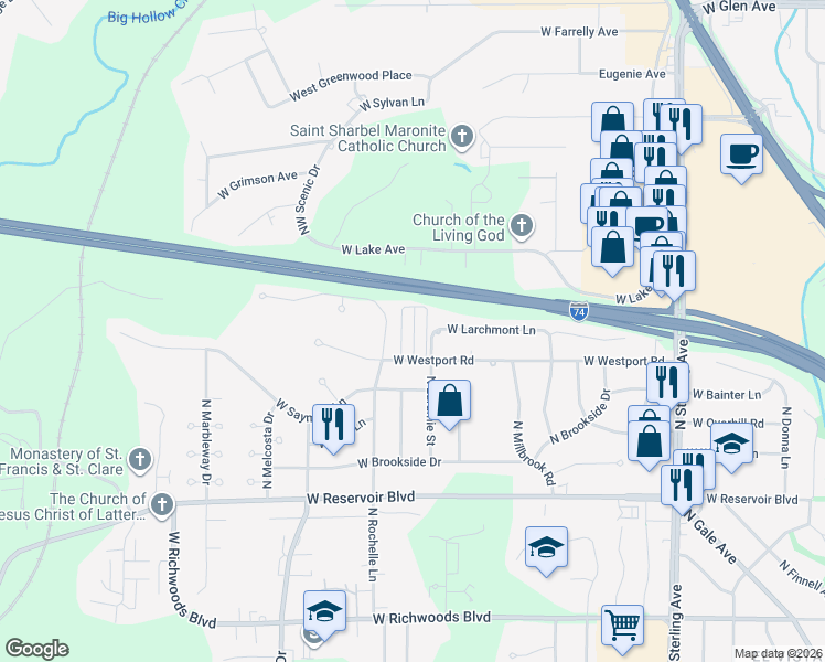 map of restaurants, bars, coffee shops, grocery stores, and more near 3033 West Westport Road in Peoria